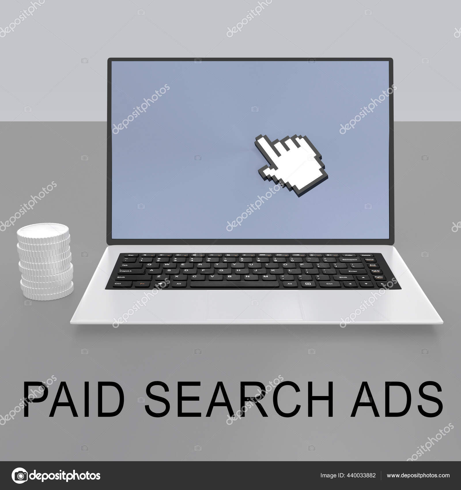 Paid Search Adsのタイトルの3dイラストは 背景としてグレーのグラデーションの上に隔離された象徴的な手が画面とコインの山を指しているラップトップ画面上で ストック写真 C Premium Shots Paid Search Adsのタイトルの3dイラストは 背景としてグレーのグラデーションの上に隔離された象徴的な手が画面とコインの山を指しているラップトップ画面上で ストック写真 C Premium Shots