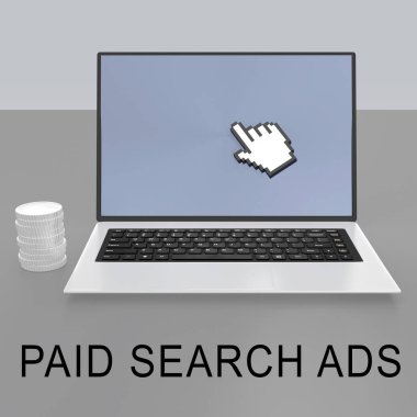 Bir dizüstü bilgisayarda, arka plan olarak gri gradyan üzerinde izole edilmiş, ekranı işaret eden sembolik bir el ve bozuk para yığınıyla, Ödemeli Arama 'nın 3 boyutlu illüstrasyonu.