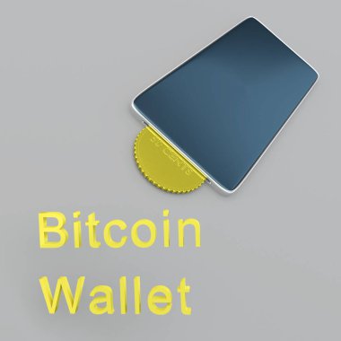 Bir selüloz telefona, gri arkaplan üzerinde izole edilmiş Bitcoin Cüzdan ile üç boyutlu altın sikke çizimi.