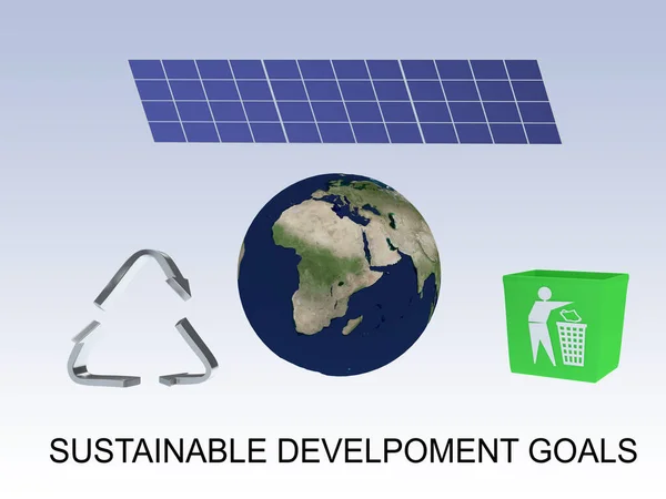 3D illustration of SUSTAINABLE DEVELPOMENT GOALS script under a 3D model of the world, along with a waste can, thermal energy storage unit and recycling symbol. Elements of this image furnished by NASA.