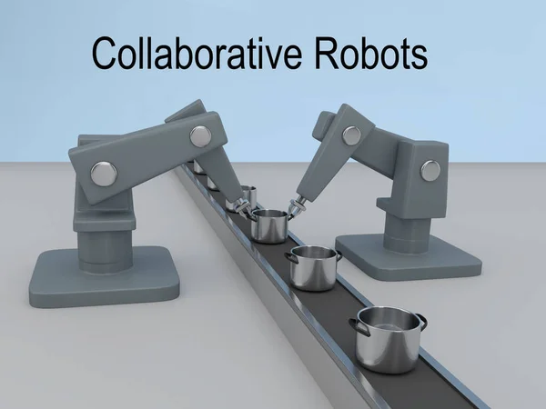 3D illustration of two industrial robots at an cooking pots assembly line, with Collaborative Robots tite.