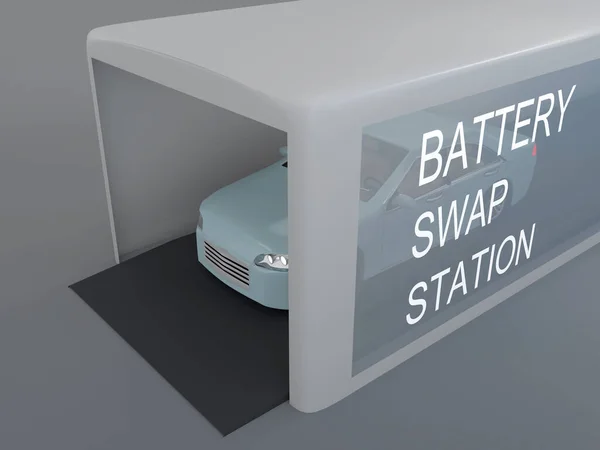 バッテリー交換ステーションにおける電気自動車の3Dイラスト — ストック写真