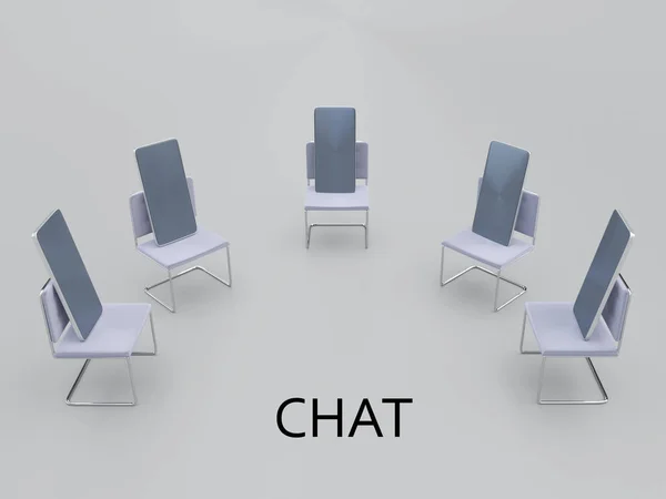 Ilustracja Scenariusza Chat Poniżej Symbolicznych Telefonów Komórkowych Umieszczonych Krzesłach — Zdjęcie stockowe