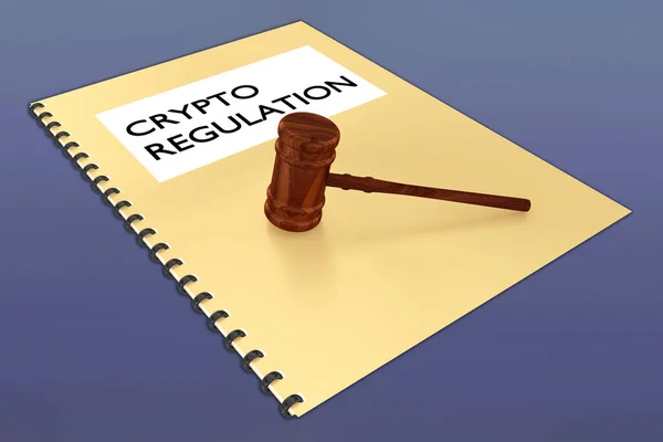 3D illustration of CRYPTO REGULATION script on a booklet along with a judge gavel, isolated over blue gradient.