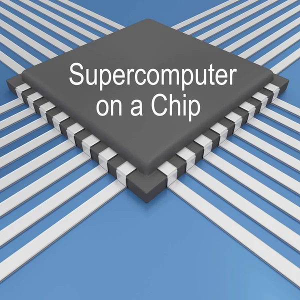 Ilustrace Superpočítače Titulu Čipu Černém Mikročipu Umístěném Modrém Plošném Spoji — Stock fotografie