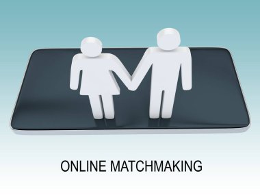 Mavi gradyan üzerinde izole edilmiş, ONLINE MATCHMAking metin ile bir selüloz telefon ekranında erkek ve kadın siluetleri üç boyutlu resimleme.