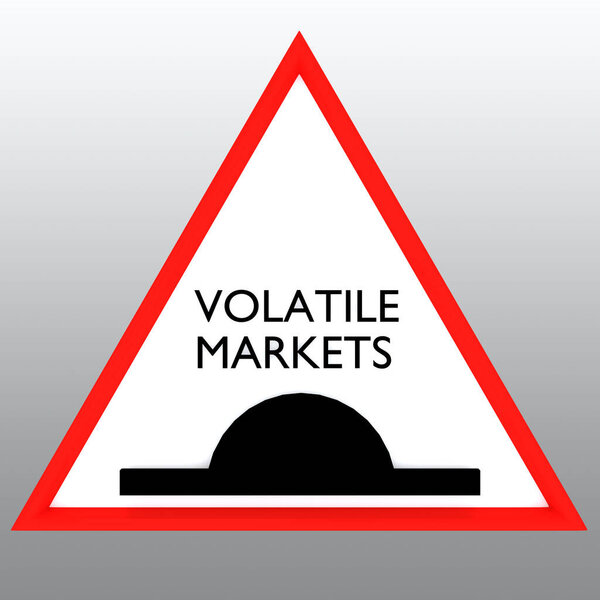 3D иллюстрация сценария VOLATILE MARKETS на дорожном знаке, изолированном над серым градиентом.
