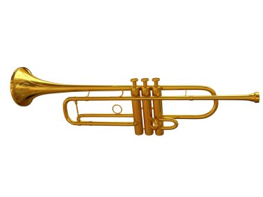 Beyaz üzerine izole edilmiş üç boyutlu altın trompet..