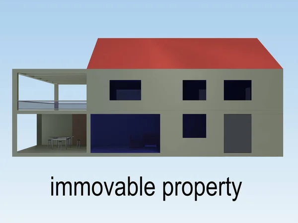 3D illustration of house with the script immovable property beneath it, isolated over pale blue gradient.