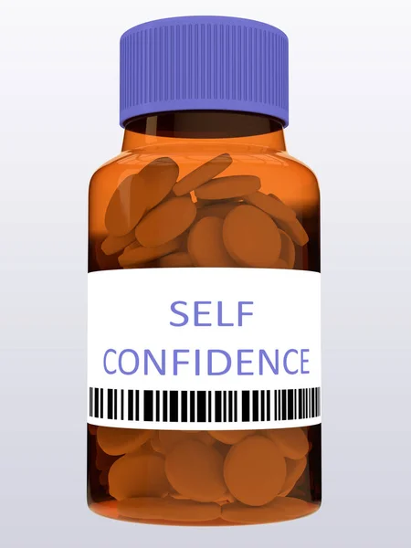 药瓶上的Self Confidence标题3D图片说明 在浅蓝色背景下隔离 — 图库照片