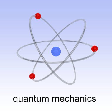 Kuantum mekaniği başlıklı bir atomun mavi gradyan üzerinde izole edilmiş 3B çizimi. 