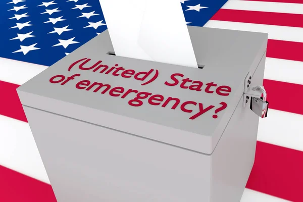 アメリカ国旗を背景にした投票箱の3Dイラストと緊急事態の脚本 — ストック写真