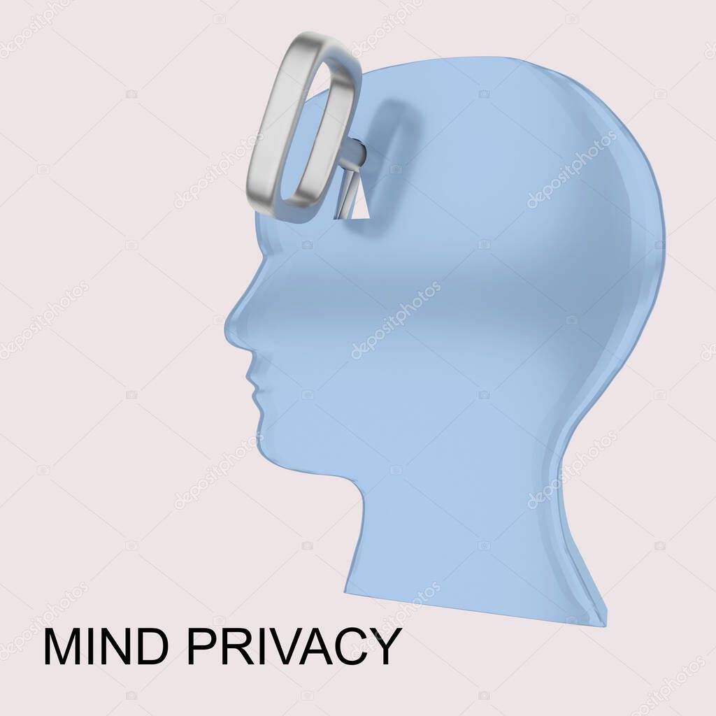 3D illustration of Mind Privacy text under a head silhouette with a symbolic key, isolated over grey.