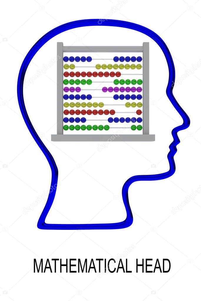 3D illustration of MATHEMATICAL HEAD script under a head silhouette with an abacus, isolated over white.