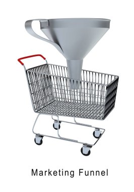 Pazarlama hunisi üzerindeki boş süpermarket arabasının beyaz üzerine izole edilmiş 3B çizimi.