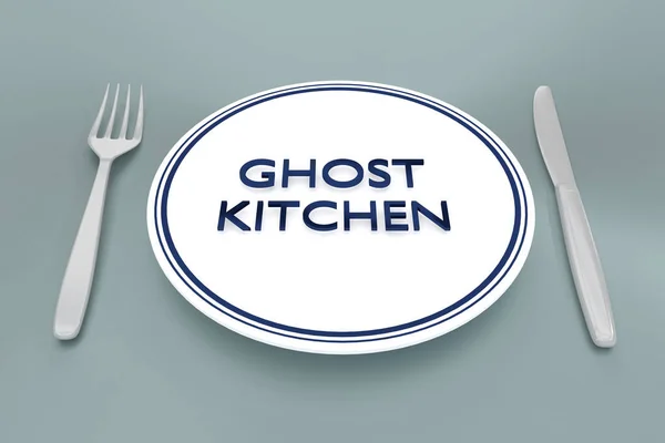 Illusztráció Ghost Kitchen Cím Egy Fehér Lemez Valamint Ezüst Kés — Stock Fotó