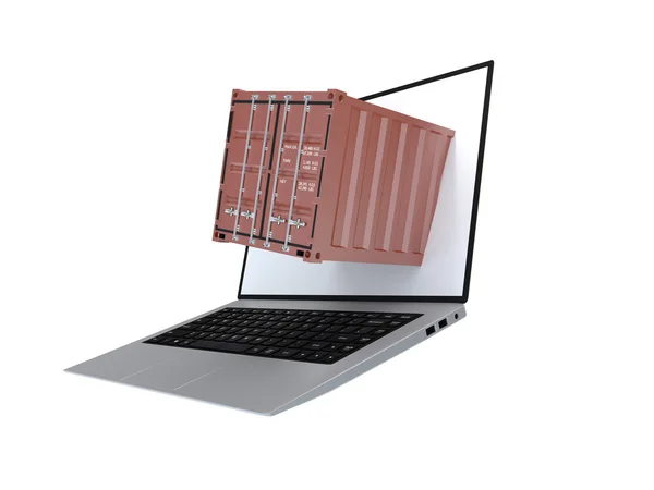 Ноутбук с контейнером для перевозки грузов — стоковое фото