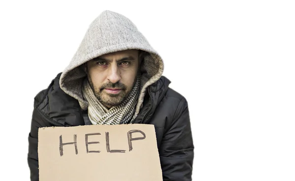 Poor young guy with cardboard sign seeking help — Stock Photo, Image
