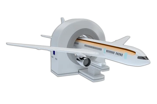 Commercial airliner emerging from a CT machine — Stock Photo, Image