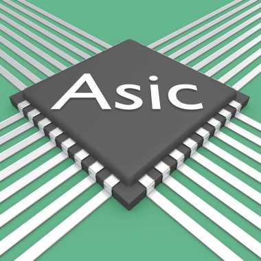 Yeşil baskılı devre kartına yerleştirilmiş siyah bir mikroçip üzerindeki AI Horizon başlığının 3 boyutlu illüstrasyonu.