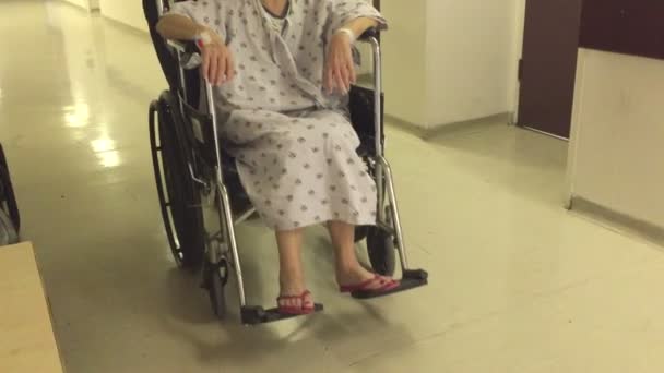 Paziente donna in sedia a rotelle in ospedale — Video Stock