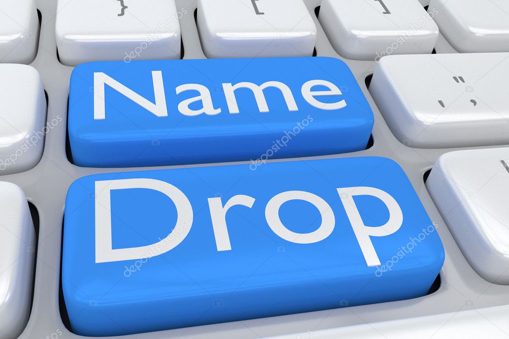 Render illustration of computer keyboard with the print Name Drop on two adjacent pale blue buttons