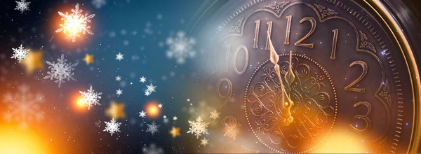 Bannière Nouvel Avec Horloge Des Néons Des Lumières Vacances Heure — Photo