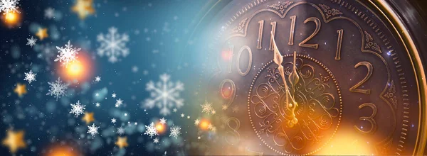 Banner Año Nuevo Con Reloj Luces Neón Luces Navideñas Tiempo — Foto de Stock