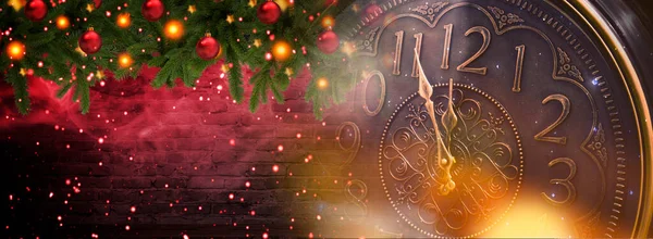 時計付きの新年のバナー ネオン 休日のライト 時間は12時 新年とクリスマス2021を示しています 冬休みの背景 — ストック写真