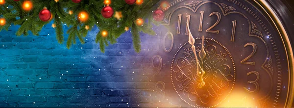 Banner Año Nuevo Con Reloj Luces Neón Luces Navideñas Tiempo — Foto de Stock
