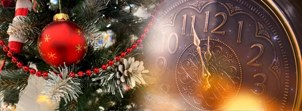 Banner Año Nuevo Con Reloj Luces Neón Luces Navideñas Tiempo — Foto de Stock