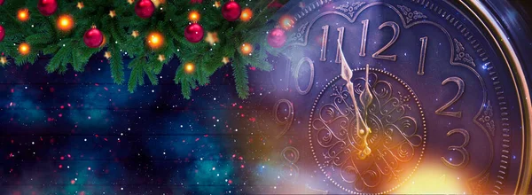 Bannière Nouvel Avec Horloge Des Néons Des Lumières Vacances Heure — Photo