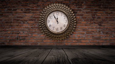Duvarları tuğlalı karanlık bir oda, duvarında bir saat. Saat 12, Yeni Yıl ve Noel 2021. İçi saatle dolu. Gece Işıkları.