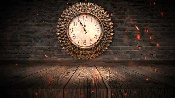 Dark Room Brick Walls Clock Wall Time Shows Clock New — Stock Photo, Image