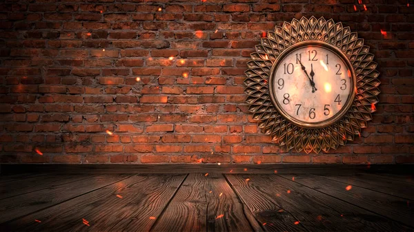 一间有砖墙的黑暗房间墙上有一个钟时间是2021年新年和圣诞节的12点 里面有时钟 — 图库照片