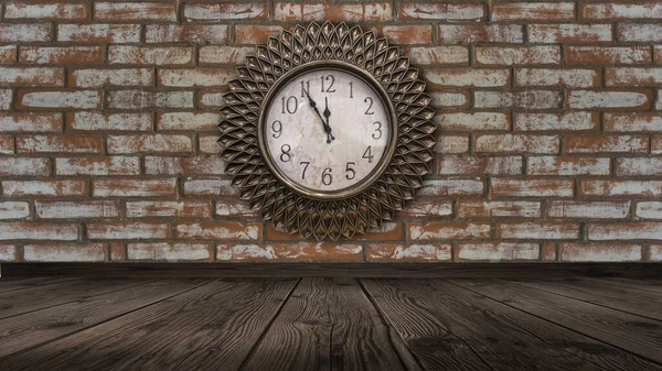 Ein Dunkler Raum Mit Ziegelwänden Eine Uhr Der Wand Die — Stockfoto