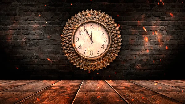 Una Habitación Oscura Con Paredes Ladrillo Reloj Pared Tiempo Muestra —  Fotos de Stock