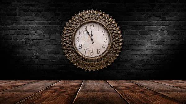Dark Room Brick Walls Clock Wall Time Shows Clock New — Stock Photo, Image
