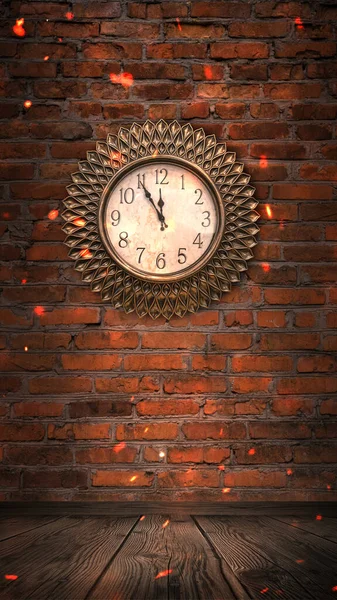 A dark room with brick walls, a clock on the wall. Time shows 12 o\'clock, New Year and Christmas 2021. Interior with clock. Night Lights.