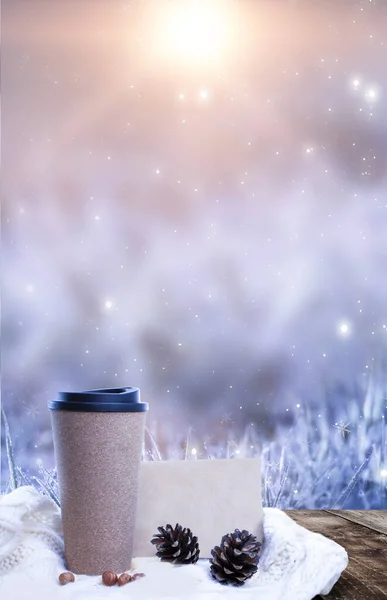Hot Coffee Wooden Table Background Winter Landscape Winter Snowy Forest — Stock Photo, Image