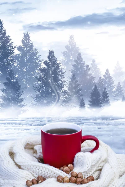 Red Cup Coffee Tea Snowy Background Winter Forest Red Cup — Stock Photo, Image