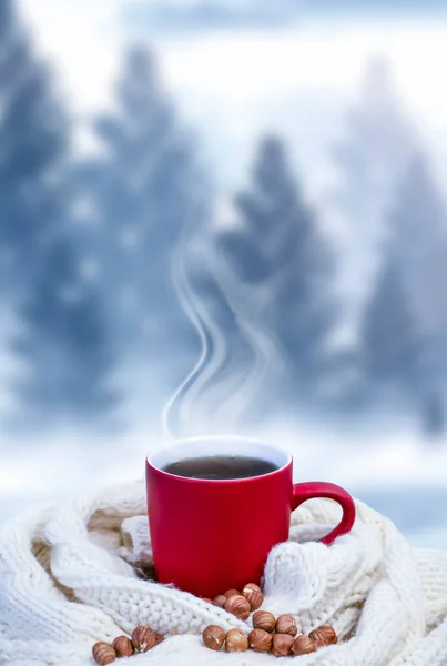 Red Cup Coffee Tea Snowy Background Winter Forest Red Cup — Stock Photo, Image