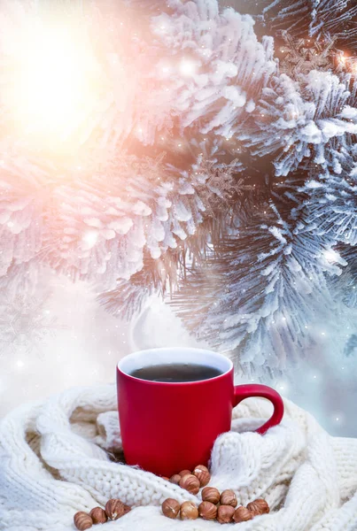 Rote Tasse Mit Kaffee Tee Vor Verschneitem Hintergrund Winterwald Eine — Stockfoto