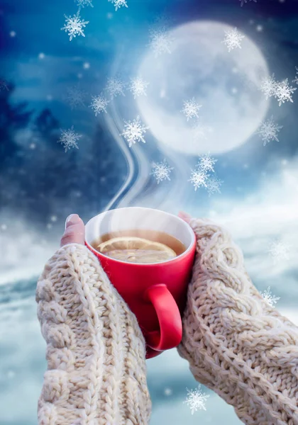 Red cup with coffee, tea in female hands on a snowy background, winter forest. A red cup in hands against the background of a winter forest landscape on soft, knitted sleeves. Coffee, tea on a wooden table.