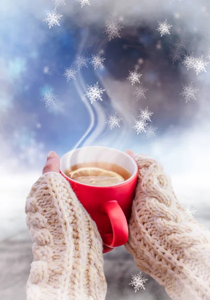 Rote Tasse Mit Kaffee Tee Weiblichen Händen Vor Verschneitem Hintergrund — Stockfoto