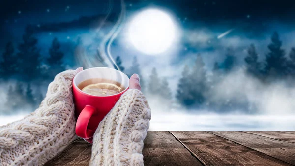 Rote Tasse Mit Kaffee Tee Weiblichen Händen Vor Verschneitem Hintergrund — Stockfoto