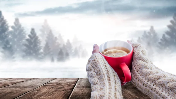 Rote Tasse Mit Kaffee Tee Weiblichen Händen Vor Verschneitem Hintergrund — Stockfoto