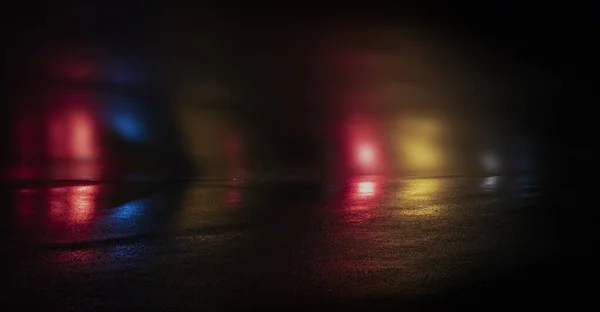 Natte Asfalt Nachtzicht Neon Reflectie Betonnen Vloer Nachtelijk Leeg Podium — Stockfoto