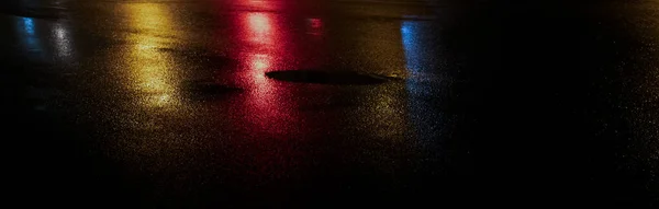 Wet Asphalt Night View Neon Reflection Concrete Floor Night Empty — Stock Photo, Image