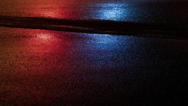 Wet Asphalt Night View Neon Reflection Concrete Floor Night Empty — Stock Photo, Image